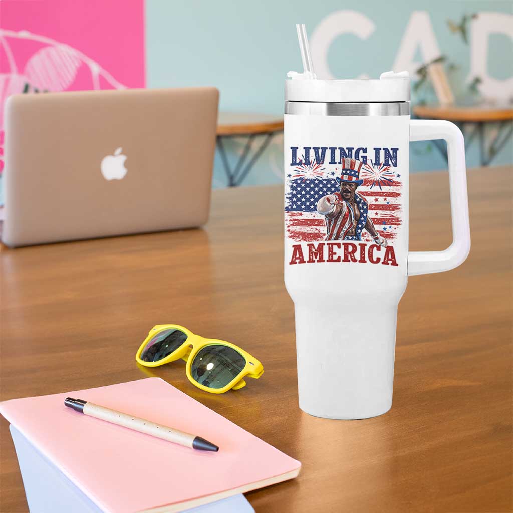 Living In America Funny Patriotic Heavyweight Boxer Tumbler With Handle Vintage Distressed Flag Uncle Sam Hat Boxing Champion