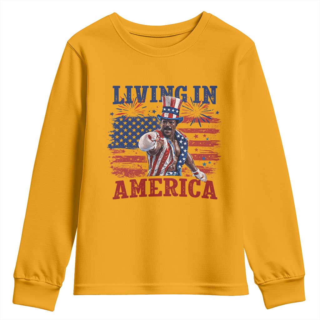 Living In America Funny Patriotic Heavyweight Boxer Youth Sweatshirt Vintage Distressed Flag Uncle Sam Hat Boxing Champion
