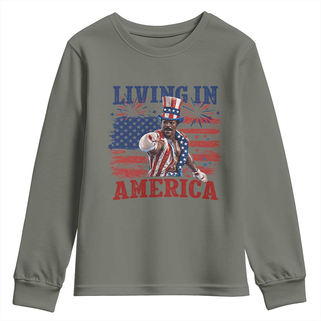 Living In America Funny Patriotic Heavyweight Boxer Youth Sweatshirt Vintage Distressed Flag Uncle Sam Hat Boxing Champion