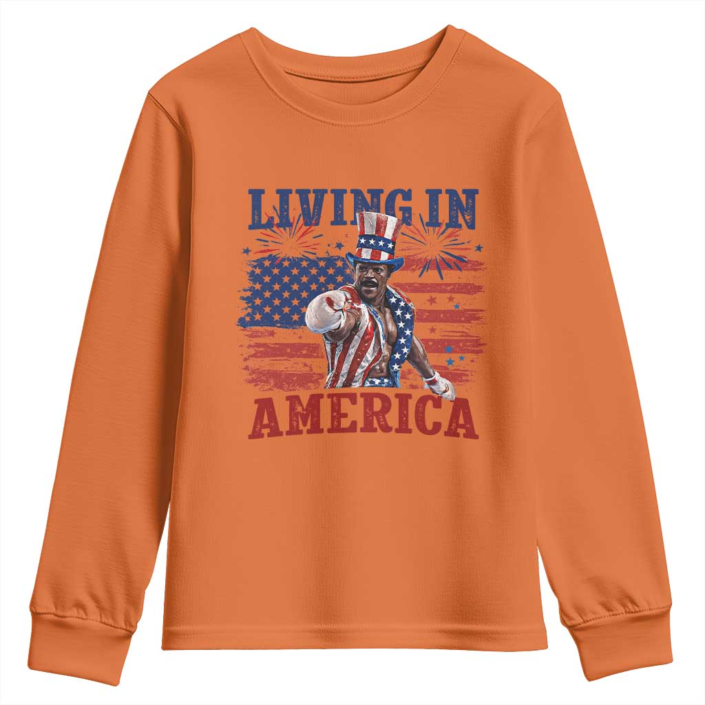 Living In America Funny Patriotic Heavyweight Boxer Youth Sweatshirt Vintage Distressed Flag Uncle Sam Hat Boxing Champion