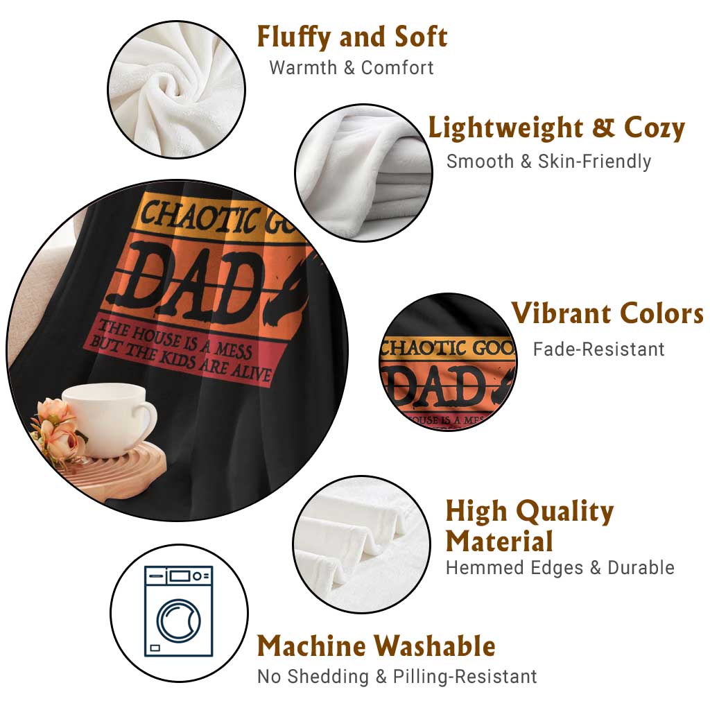 Chaotic Good Dad Funny Tabletop Gamer Parenting Throw Blanket Retro Sunset Vintage Fantasy Graphic