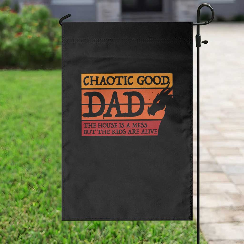 Chaotic Good Dad Funny Tabletop Gamer Parenting Garden Flag Retro Sunset Vintage Fantasy Graphic