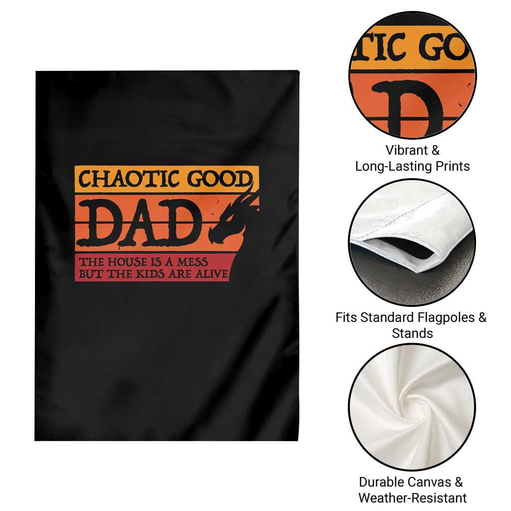 Chaotic Good Dad Funny Tabletop Gamer Parenting Garden Flag Retro Sunset Vintage Fantasy Graphic