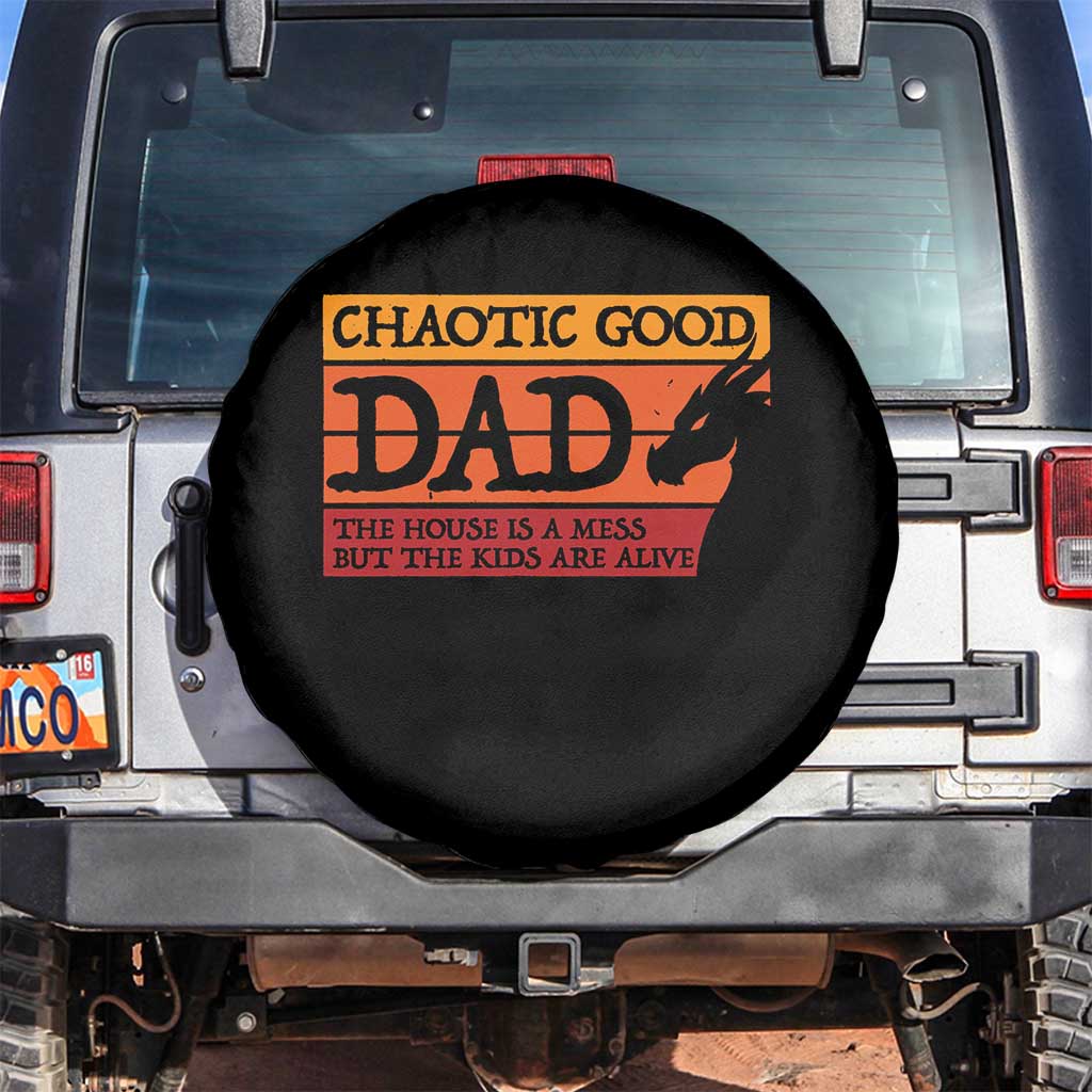 Chaotic Good Dad Funny Tabletop Gamer Parenting Spare Tire Cover Retro Sunset Vintage Fantasy Graphic