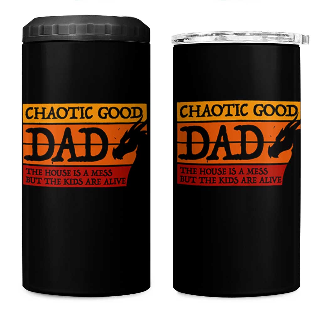 Chaotic Good Dad Funny Tabletop Gamer Parenting 4 in 1 Can Cooler Tumbler Retro Sunset Vintage Fantasy Graphic