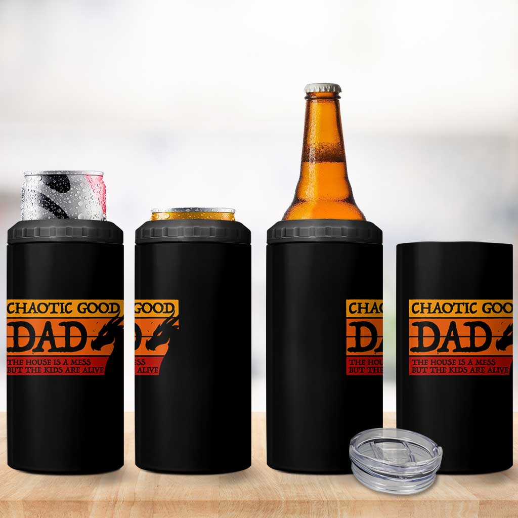 Chaotic Good Dad Funny Tabletop Gamer Parenting 4 in 1 Can Cooler Tumbler Retro Sunset Vintage Fantasy Graphic