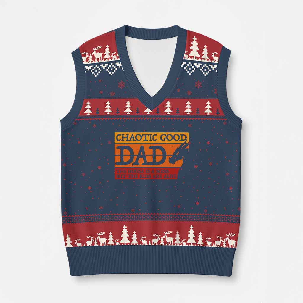 Chaotic Good Dad Funny Tabletop Gamer Parenting V-Neck Knit Sweater Vest Retro Sunset Vintage Fantasy Graphic