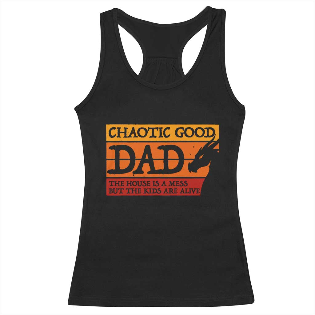 Chaotic Good Dad Funny Tabletop Gamer Parenting Racerback Tank Top Retro Sunset Vintage Fantasy Graphic