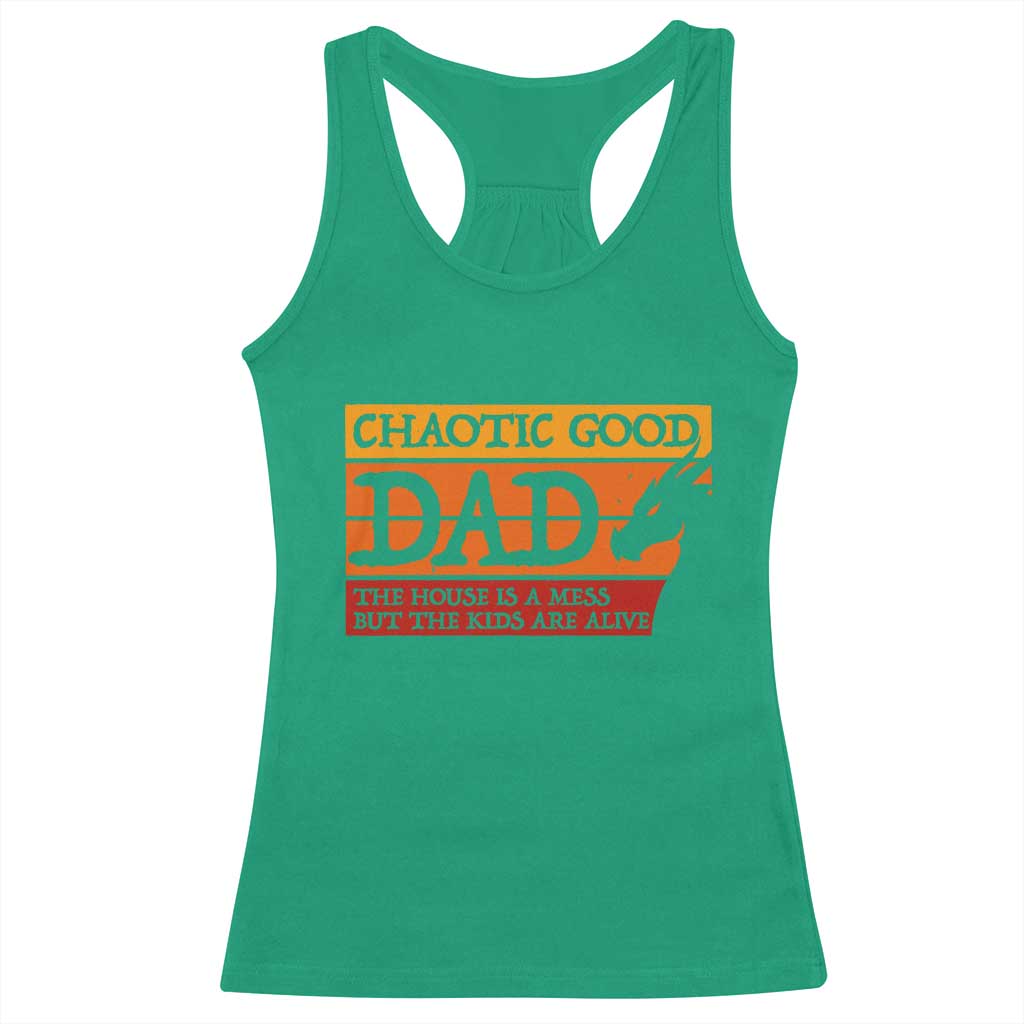 Chaotic Good Dad Funny Tabletop Gamer Parenting Racerback Tank Top Retro Sunset Vintage Fantasy Graphic