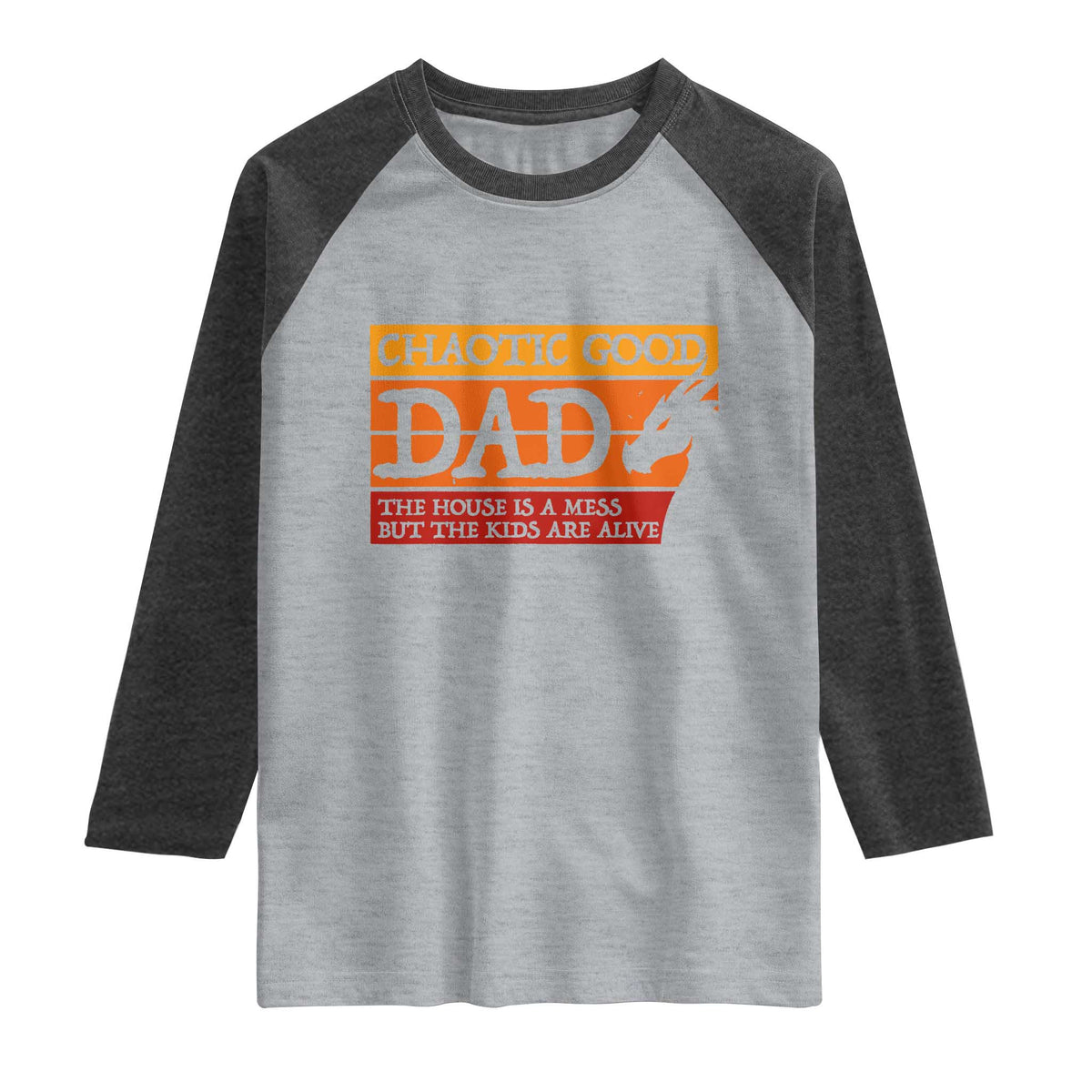 Chaotic Good Dad Funny Tabletop Gamer Parenting Raglan Shirt Retro Sunset Vintage Fantasy Graphic