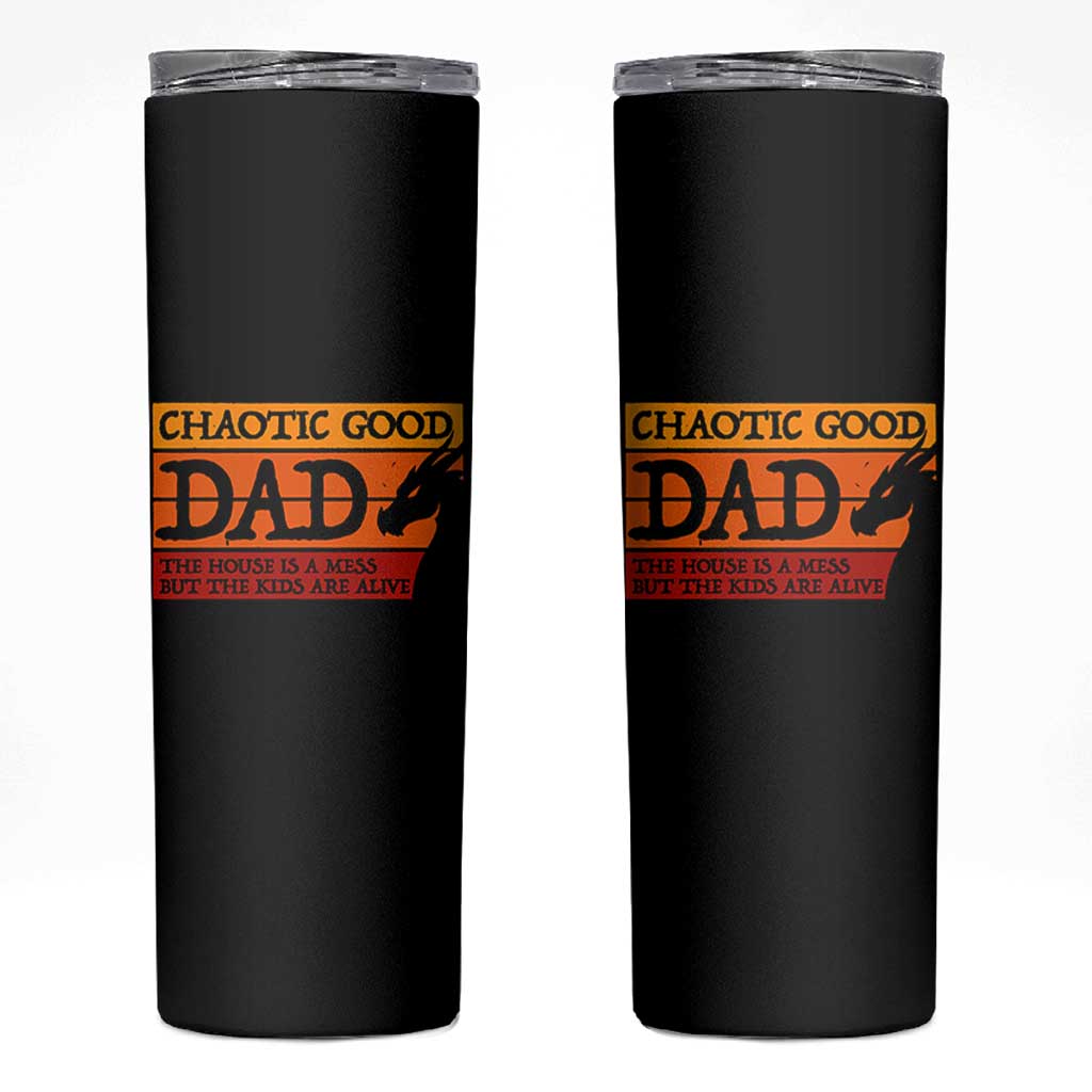 Chaotic Good Dad Funny Tabletop Gamer Parenting Skinny Tumbler Retro Sunset Vintage Fantasy Graphic