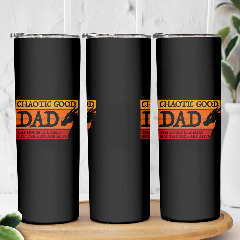 Chaotic Good Dad Funny Tabletop Gamer Parenting Skinny Tumbler Retro Sunset Vintage Fantasy Graphic