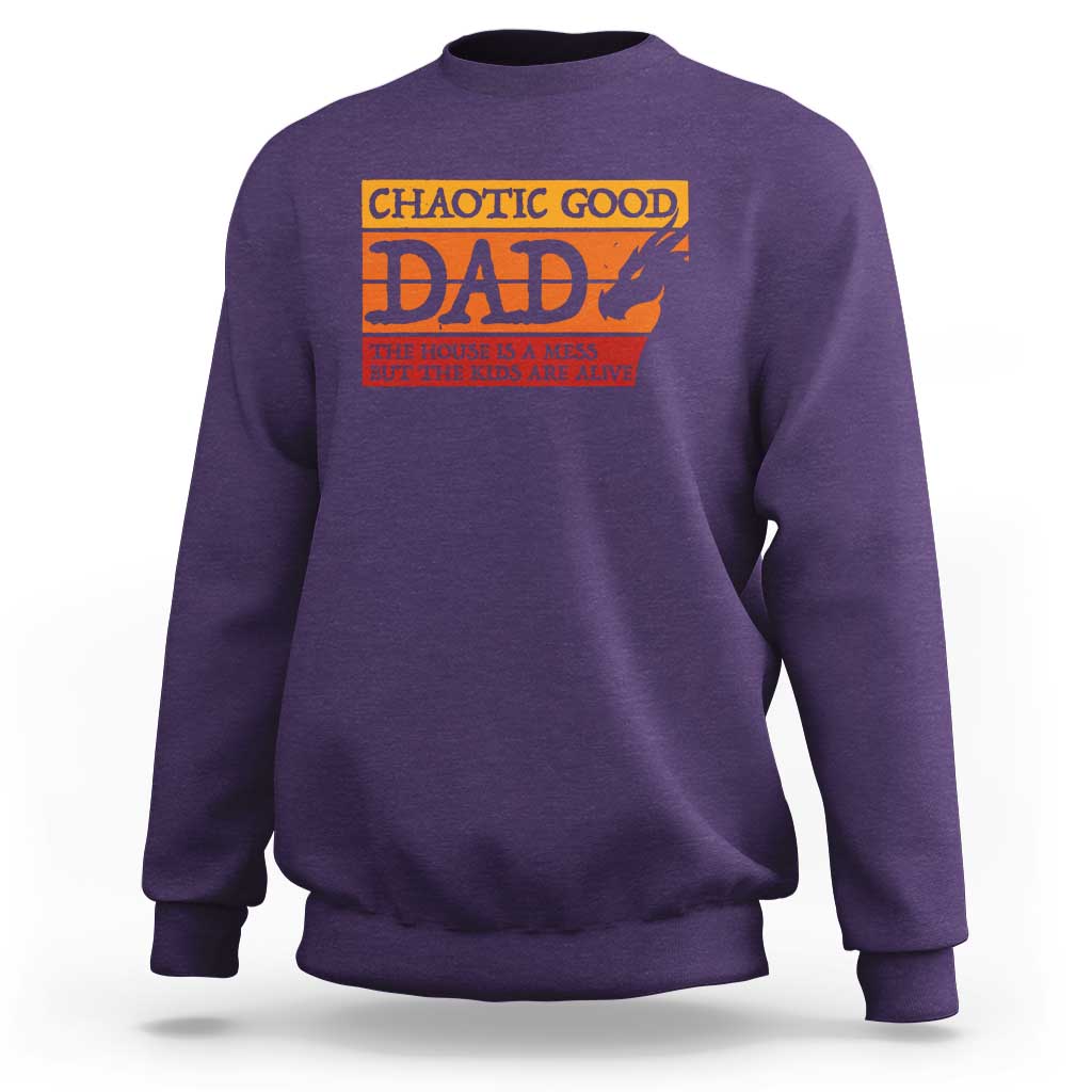 Chaotic Good Dad Funny Tabletop Gamer Parenting Sweatshirt Retro Sunset Vintage Fantasy Graphic