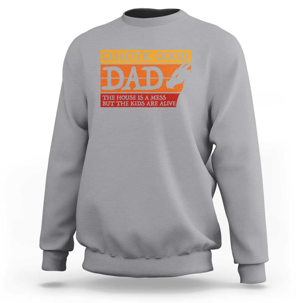 Chaotic Good Dad Funny Tabletop Gamer Parenting Sweatshirt Retro Sunset Vintage Fantasy Graphic