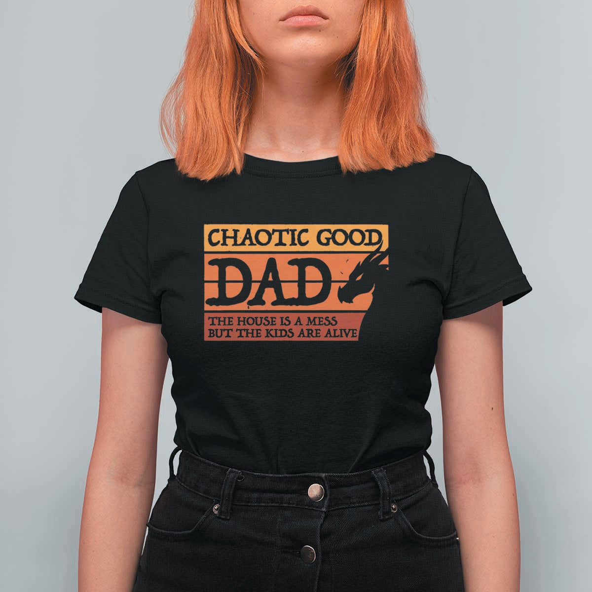 Chaotic Good Dad Funny Tabletop Gamer Parenting T Shirt For Women Retro Sunset Vintage Fantasy Graphic