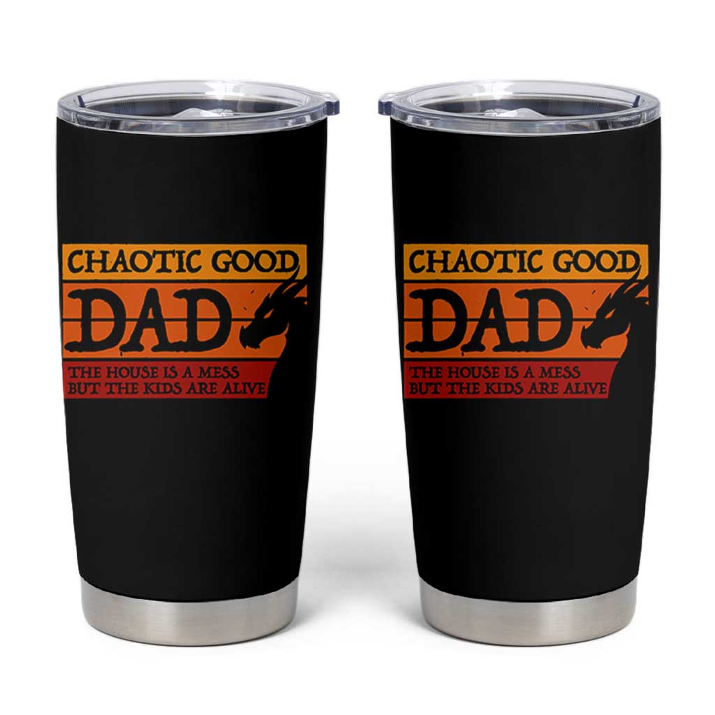 Chaotic Good Dad Funny Tabletop Gamer Parenting Tumbler Cup Retro Sunset Vintage Fantasy Graphic