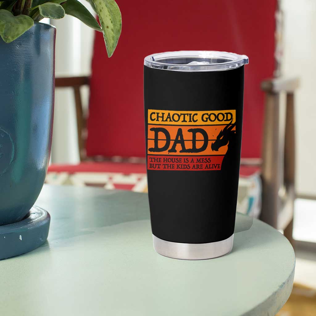 Chaotic Good Dad Funny Tabletop Gamer Parenting Tumbler Cup Retro Sunset Vintage Fantasy Graphic