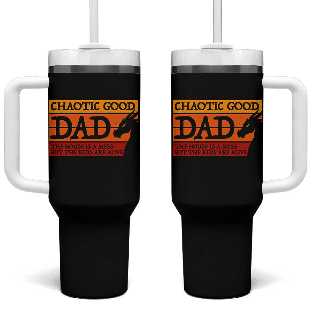 Chaotic Good Dad Funny Tabletop Gamer Parenting Tumbler With Handle Retro Sunset Vintage Fantasy Graphic