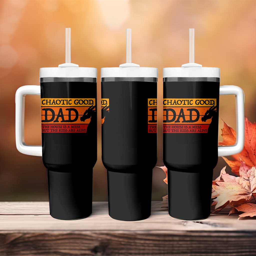 Chaotic Good Dad Funny Tabletop Gamer Parenting Tumbler With Handle Retro Sunset Vintage Fantasy Graphic