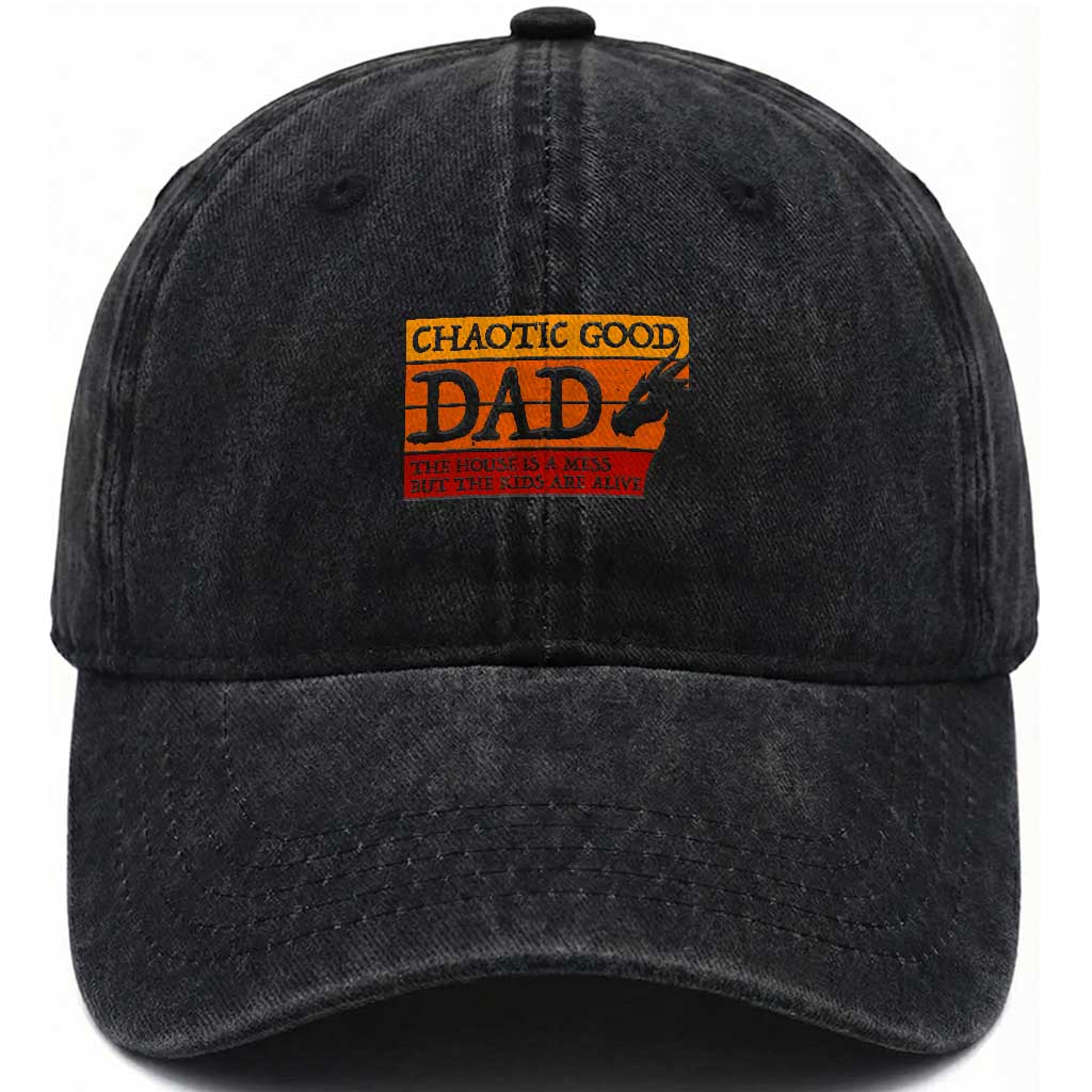 Chaotic Good Dad Funny Tabletop Gamer Parenting Washed Cotton Baseball Cap Retro Sunset Vintage Fantasy Graphic