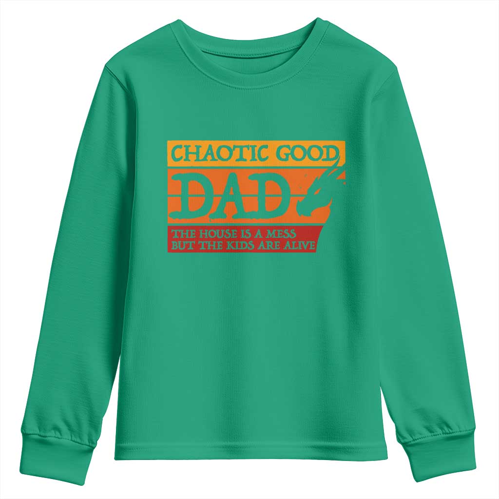 Chaotic Good Dad Funny Tabletop Gamer Parenting Youth Sweatshirt Retro Sunset Vintage Fantasy Graphic