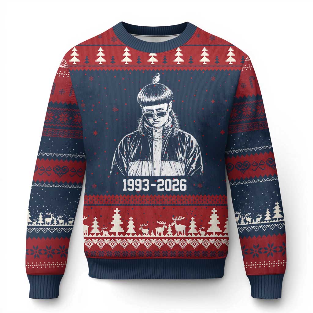 Retro Bowl Cut Music Icon Rip Memorial Ugly Christmas Sweater 1993 2026 Internet Meme Pop Culture Fan
