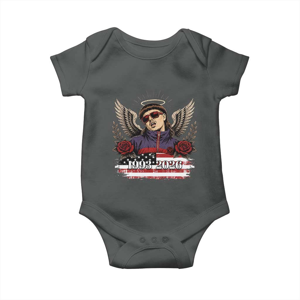 Retro Bowl Cut Music Icon Angel Wings Rest In Peace Baby Onesie American Flag Memorial 1993 2026 Pop Culture Fan