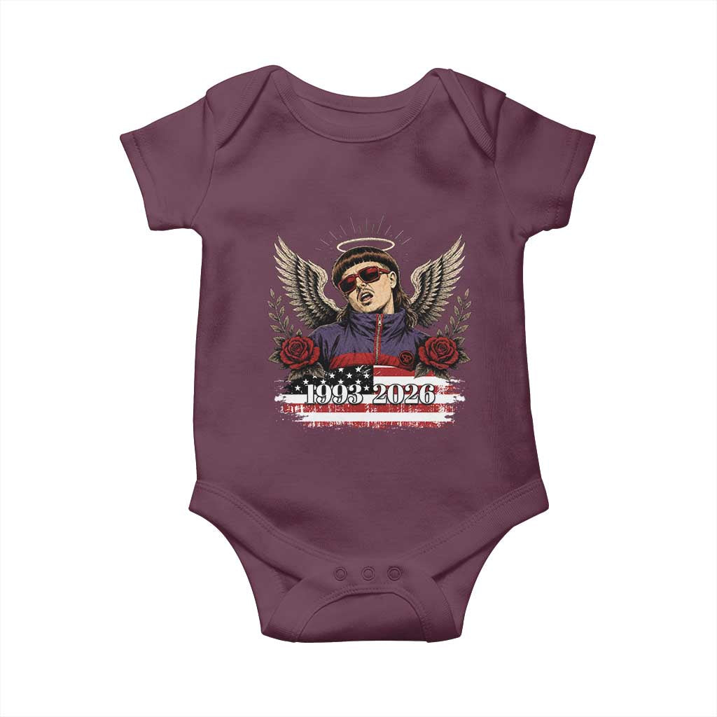 Retro Bowl Cut Music Icon Angel Wings Rest In Peace Baby Onesie American Flag Memorial 1993 2026 Pop Culture Fan