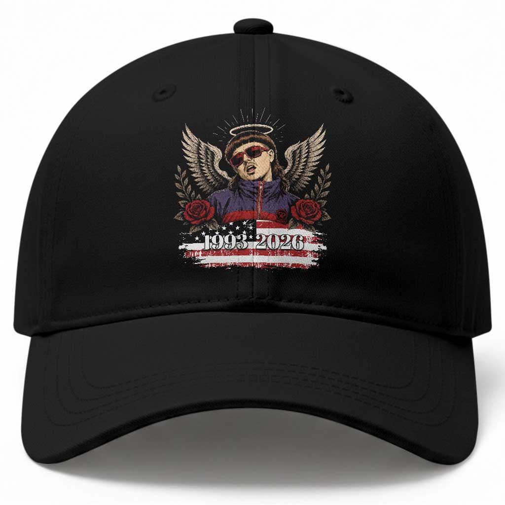 Retro Bowl Cut Music Icon Angel Wings Rest In Peace Baseball Cap American Flag Memorial 1993 2026 Pop Culture Fan