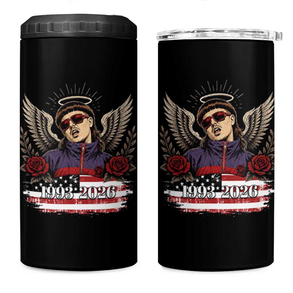 Retro Bowl Cut Music Icon Angel Wings Rest In Peace 4 in 1 Can Cooler Tumbler American Flag Memorial 1993 2026 Pop Culture Fan