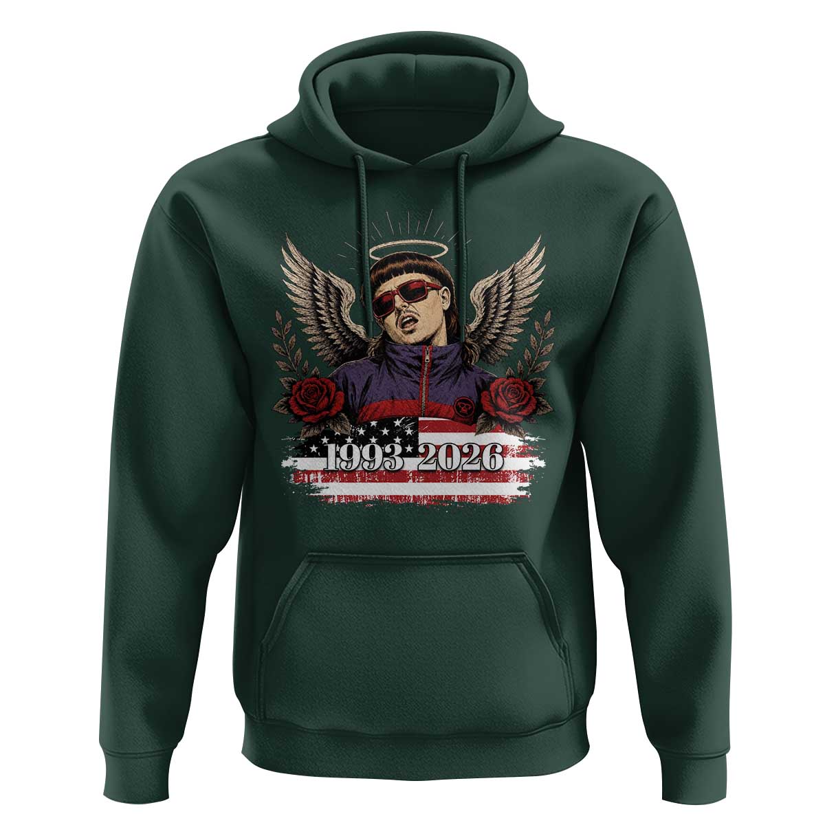 Retro Bowl Cut Music Icon Angel Wings Rest In Peace Hoodie American Flag Memorial 1993 2026 Pop Culture Fan