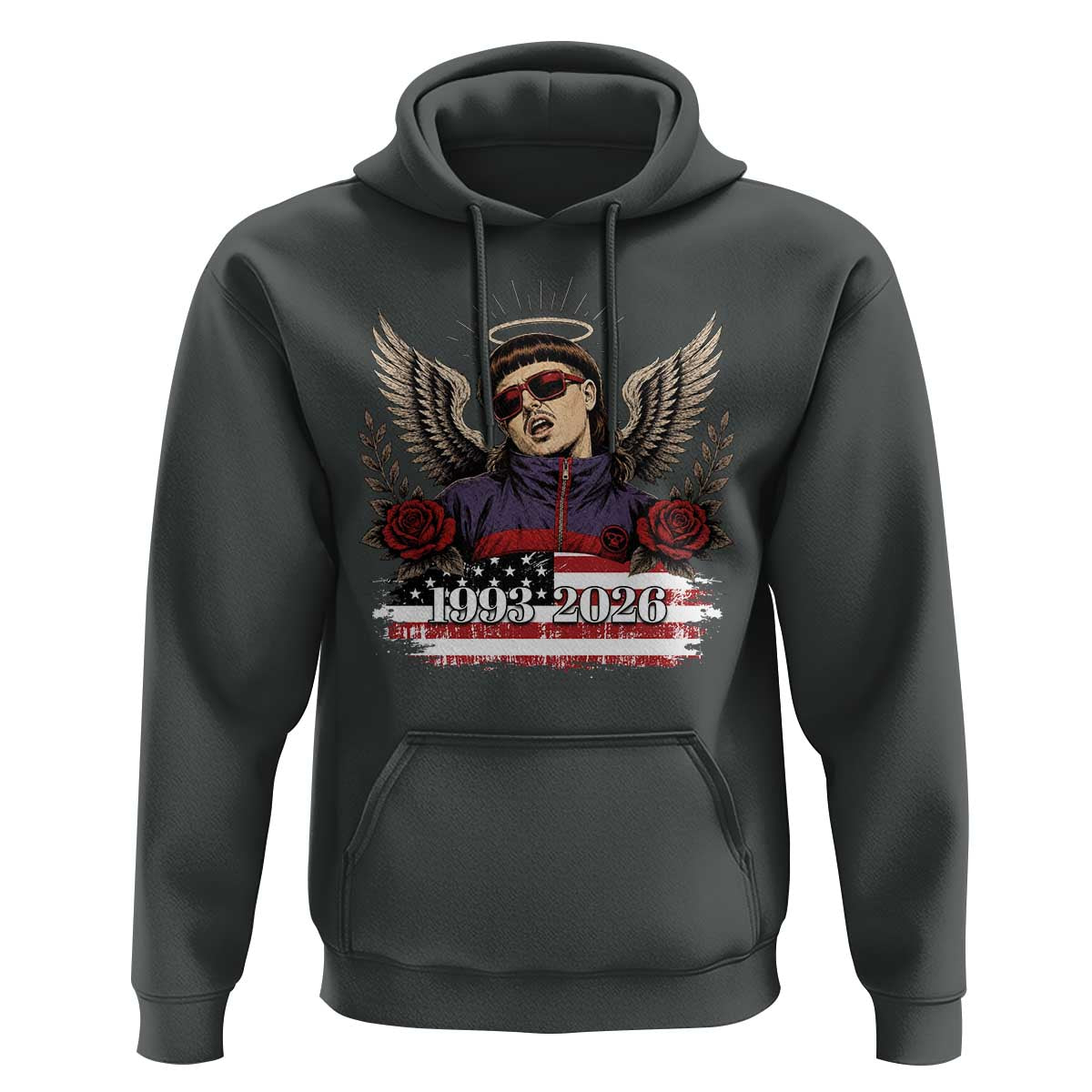 Retro Bowl Cut Music Icon Angel Wings Rest In Peace Hoodie American Flag Memorial 1993 2026 Pop Culture Fan