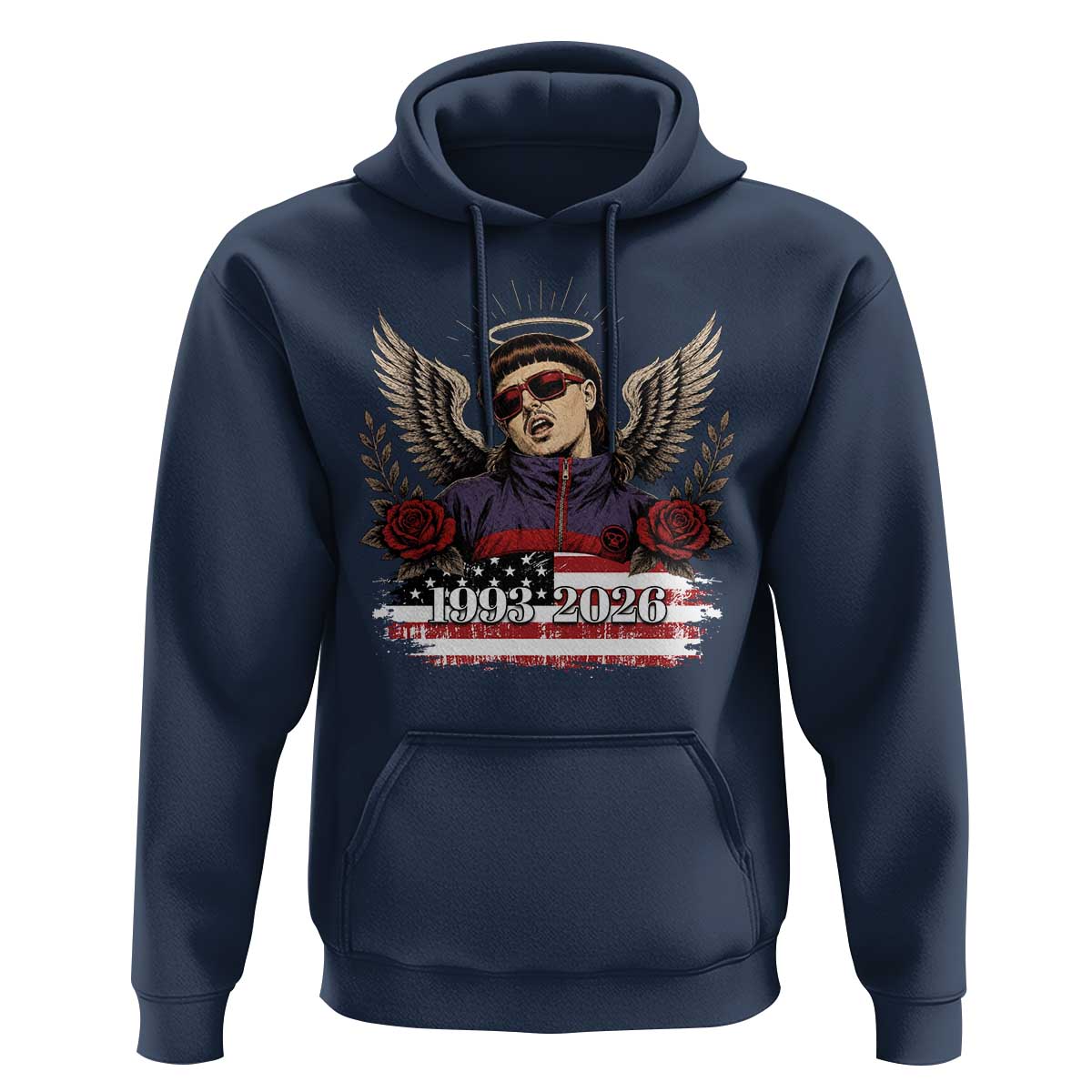 Retro Bowl Cut Music Icon Angel Wings Rest In Peace Hoodie American Flag Memorial 1993 2026 Pop Culture Fan