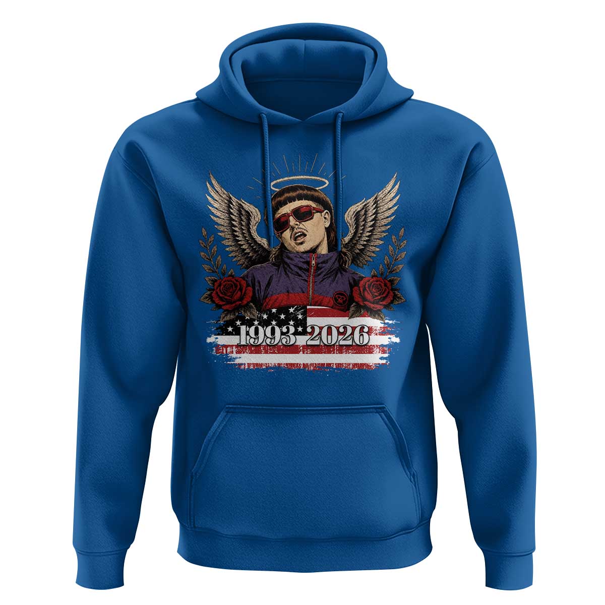 Retro Bowl Cut Music Icon Angel Wings Rest In Peace Hoodie American Flag Memorial 1993 2026 Pop Culture Fan
