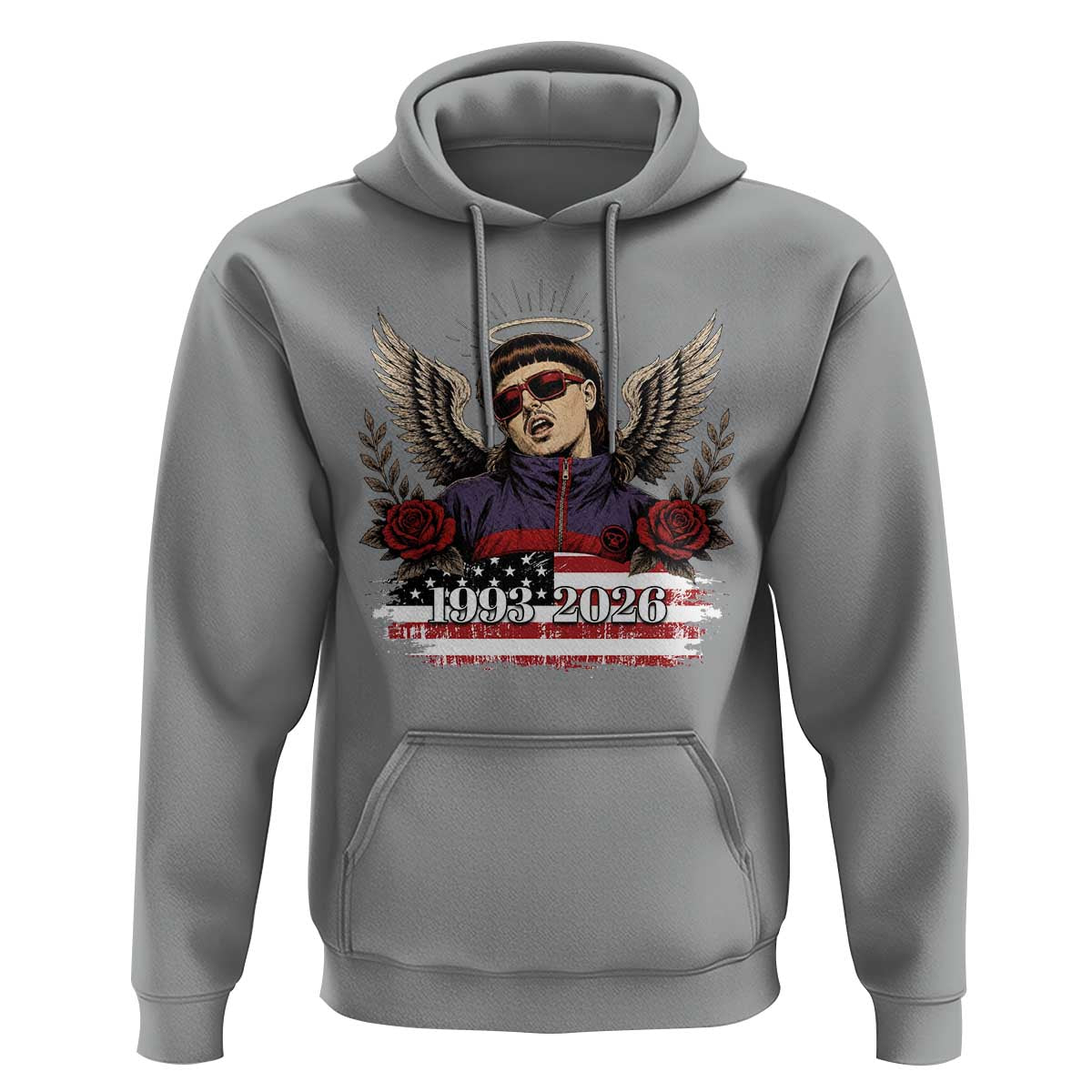 Retro Bowl Cut Music Icon Angel Wings Rest In Peace Hoodie American Flag Memorial 1993 2026 Pop Culture Fan