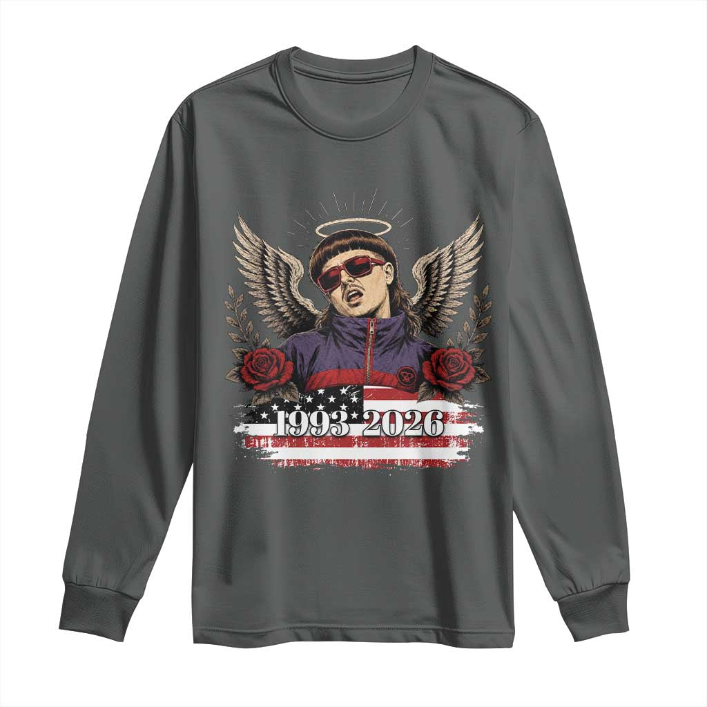 Retro Bowl Cut Music Icon Angel Wings Rest In Peace Long Sleeve Shirt American Flag Memorial 1993 2026 Pop Culture Fan