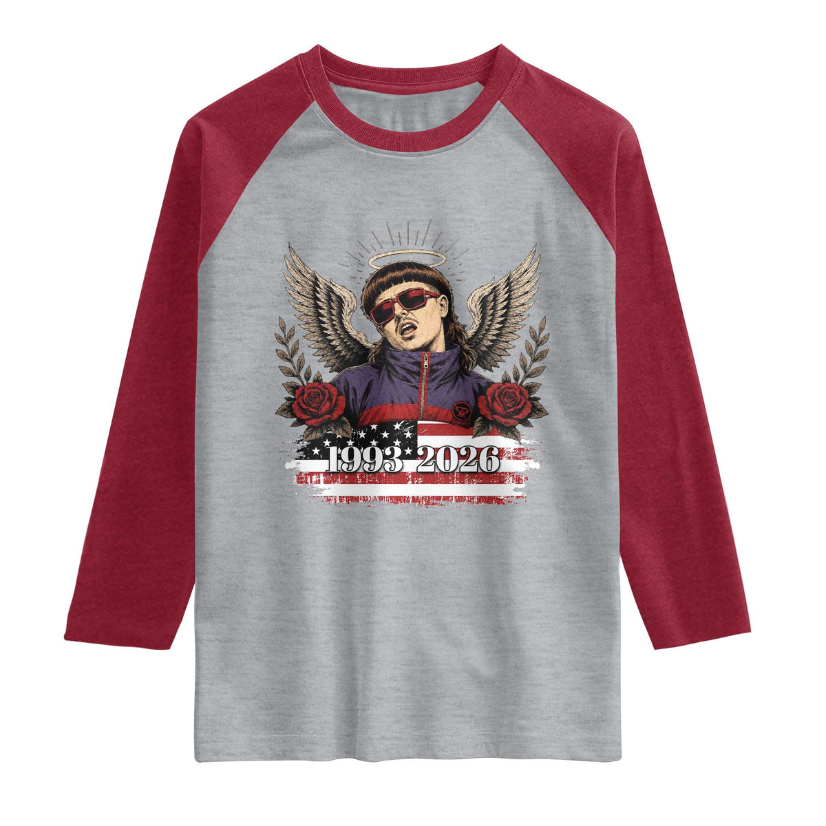 Retro Bowl Cut Music Icon Angel Wings Rest In Peace Raglan Shirt American Flag Memorial 1993 2026 Pop Culture Fan