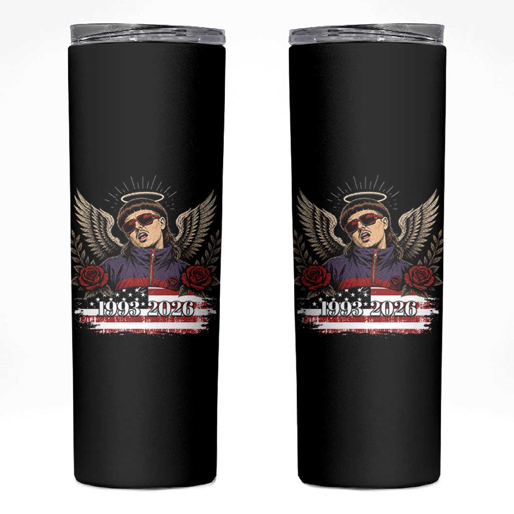 Retro Bowl Cut Music Icon Angel Wings Rest In Peace Skinny Tumbler American Flag Memorial 1993 2026 Pop Culture Fan