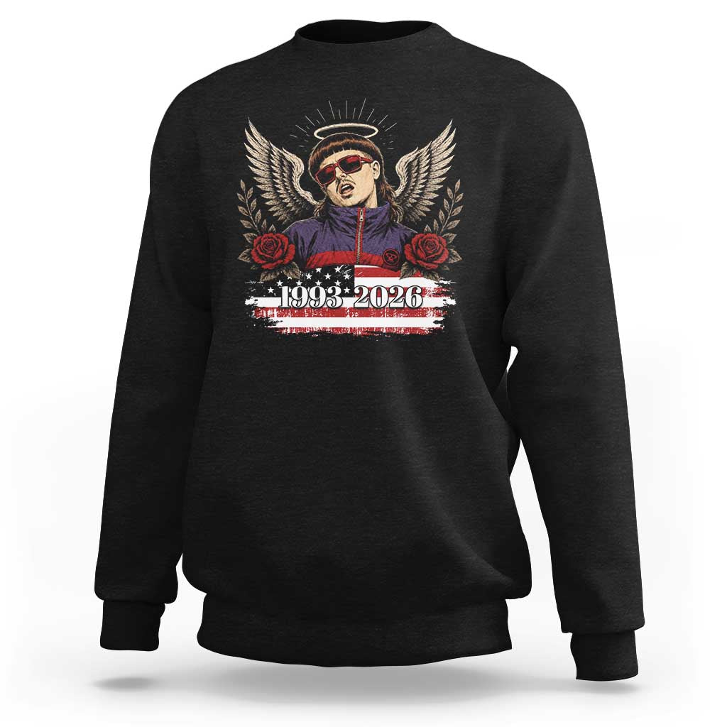 Retro Bowl Cut Music Icon Angel Wings Rest In Peace Sweatshirt American Flag Memorial 1993 2026 Pop Culture Fan