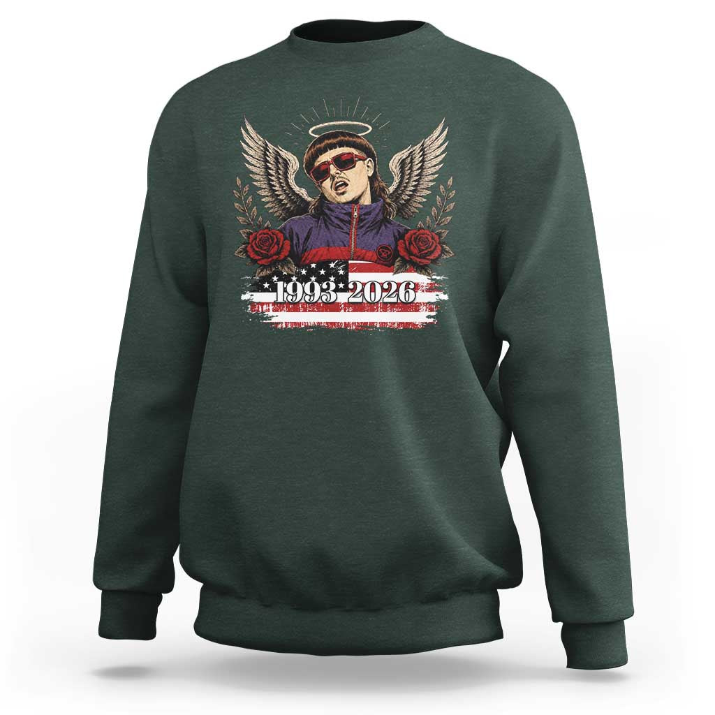 Retro Bowl Cut Music Icon Angel Wings Rest In Peace Sweatshirt American Flag Memorial 1993 2026 Pop Culture Fan