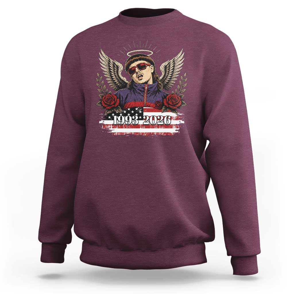 Retro Bowl Cut Music Icon Angel Wings Rest In Peace Sweatshirt American Flag Memorial 1993 2026 Pop Culture Fan