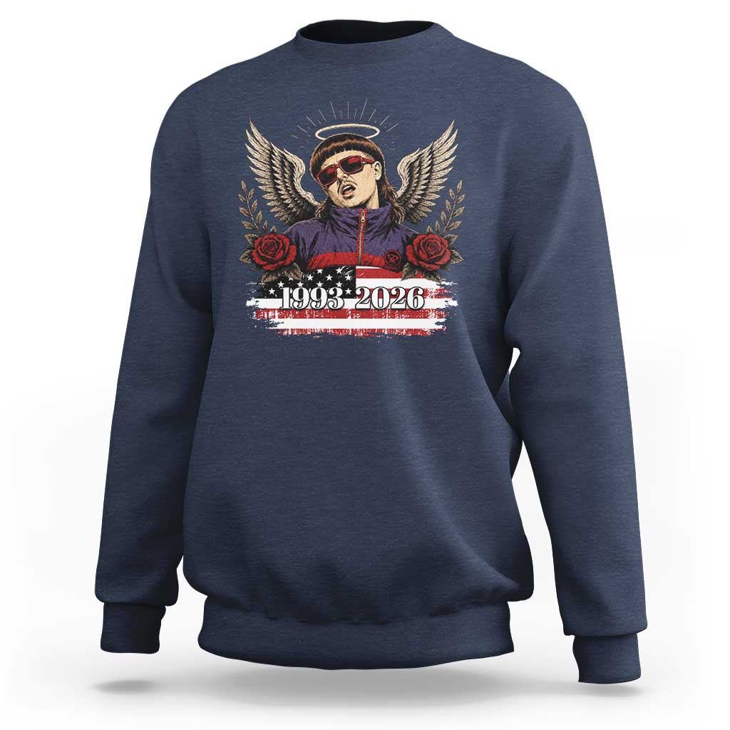 Retro Bowl Cut Music Icon Angel Wings Rest In Peace Sweatshirt American Flag Memorial 1993 2026 Pop Culture Fan