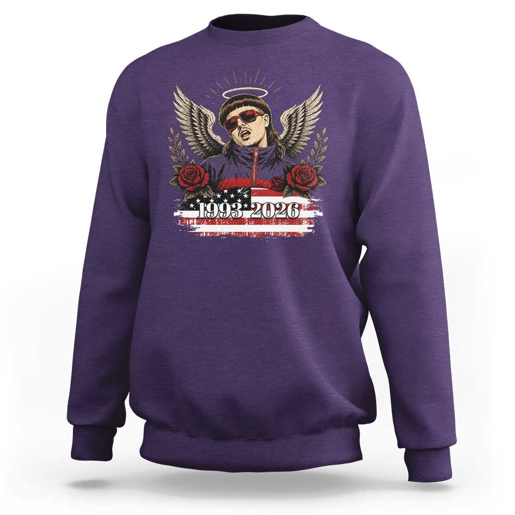 Retro Bowl Cut Music Icon Angel Wings Rest In Peace Sweatshirt American Flag Memorial 1993 2026 Pop Culture Fan