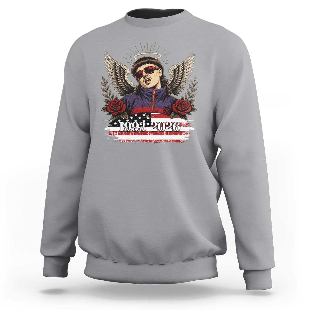 Retro Bowl Cut Music Icon Angel Wings Rest In Peace Sweatshirt American Flag Memorial 1993 2026 Pop Culture Fan