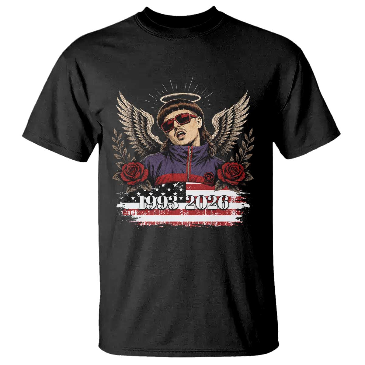 Retro Bowl Cut Music Icon Angel Wings Rest In Peace T Shirt American Flag Memorial 1993 2026 Pop Culture Fan