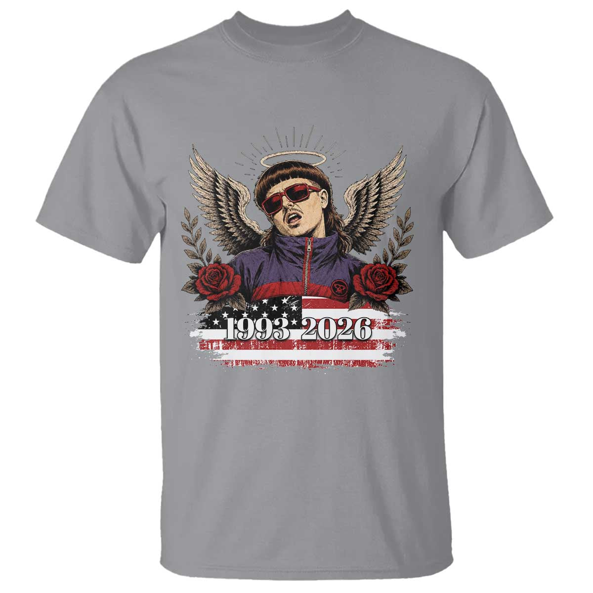 Retro Bowl Cut Music Icon Angel Wings Rest In Peace T Shirt American Flag Memorial 1993 2026 Pop Culture Fan