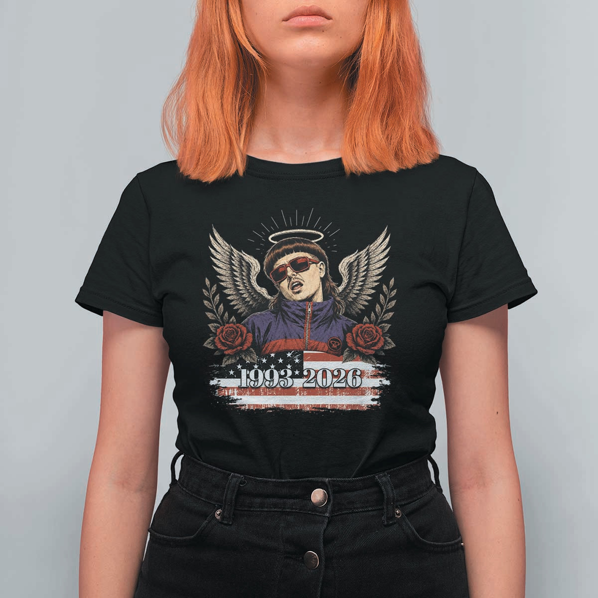 Retro Bowl Cut Music Icon Angel Wings Rest In Peace T Shirt For Women American Flag Memorial 1993 2026 Pop Culture Fan