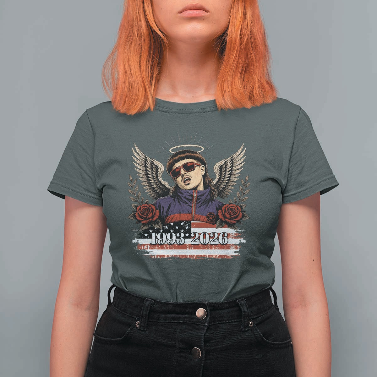 Retro Bowl Cut Music Icon Angel Wings Rest In Peace T Shirt For Women American Flag Memorial 1993 2026 Pop Culture Fan
