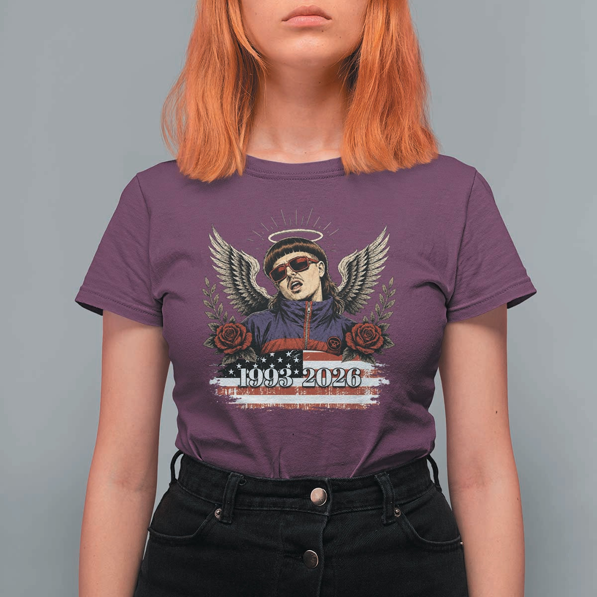 Retro Bowl Cut Music Icon Angel Wings Rest In Peace T Shirt For Women American Flag Memorial 1993 2026 Pop Culture Fan