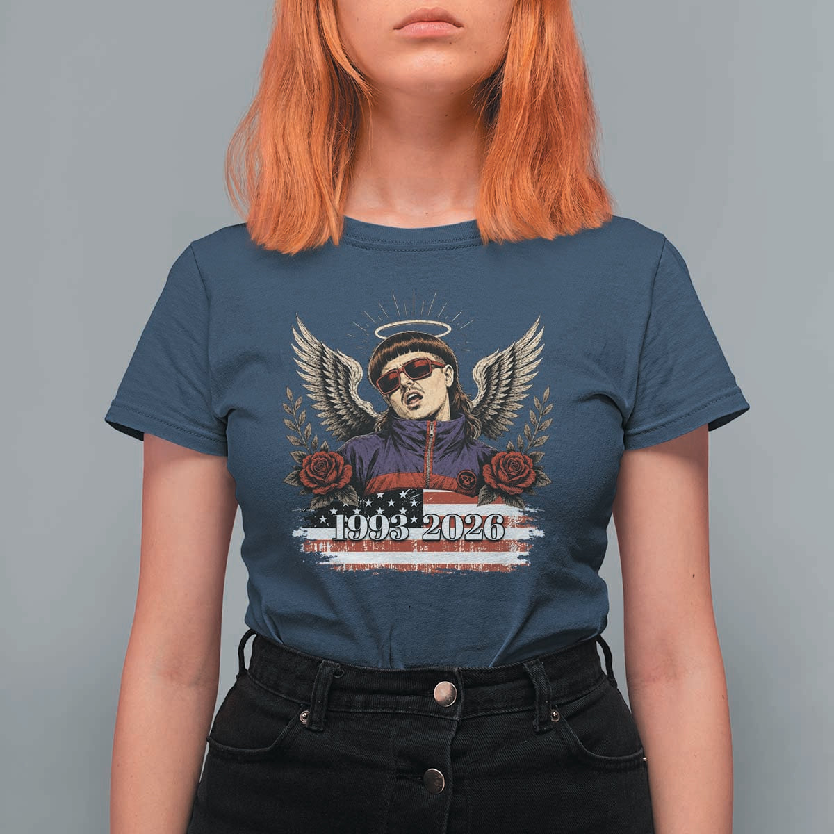 Retro Bowl Cut Music Icon Angel Wings Rest In Peace T Shirt For Women American Flag Memorial 1993 2026 Pop Culture Fan